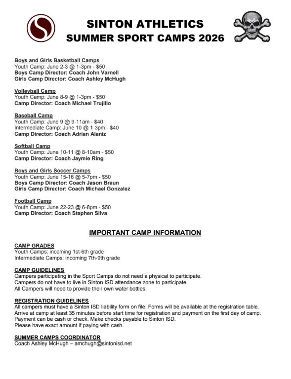 Sinton Athletics Summer Sports Camps 2026