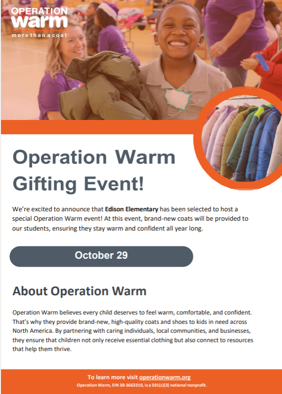 A smiling child holds a winter coat at an Operation Warm Gifting Event flyer for Edison Elementary on October 29.