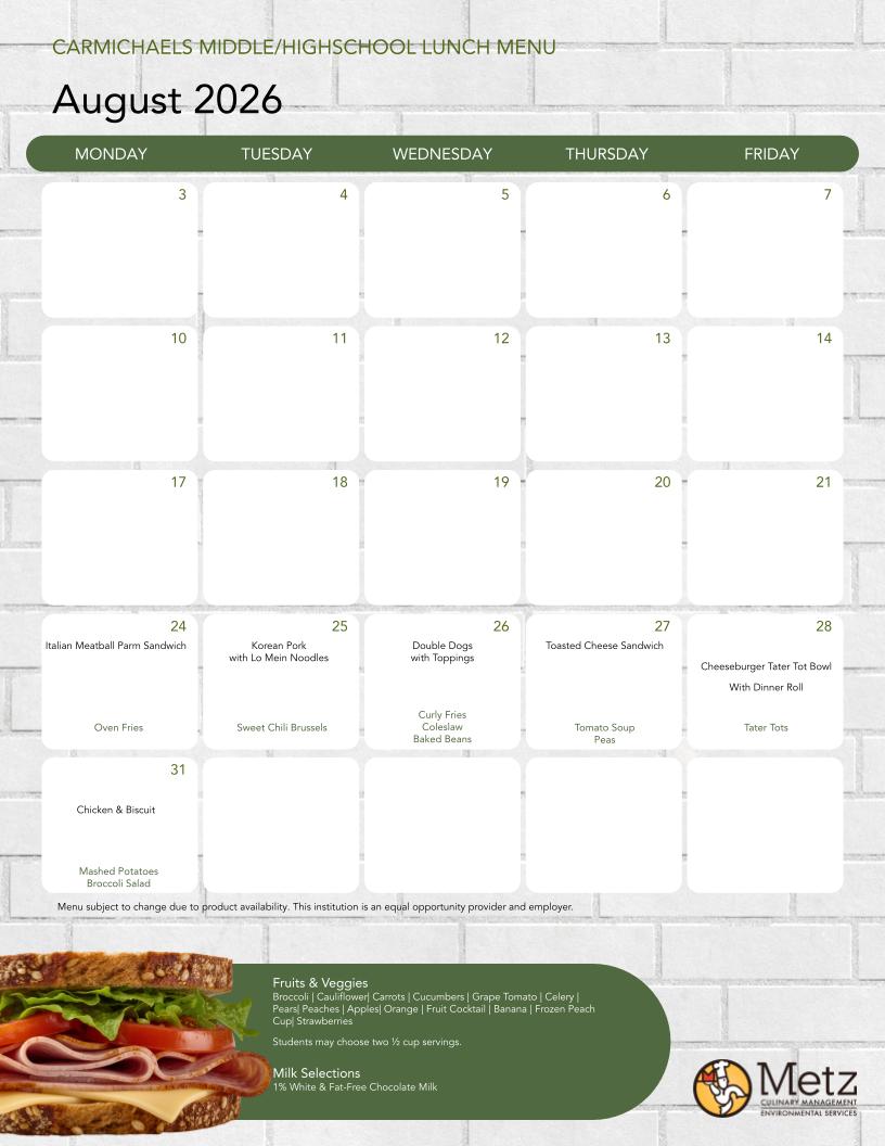 August Middle & High School Lunch Menu