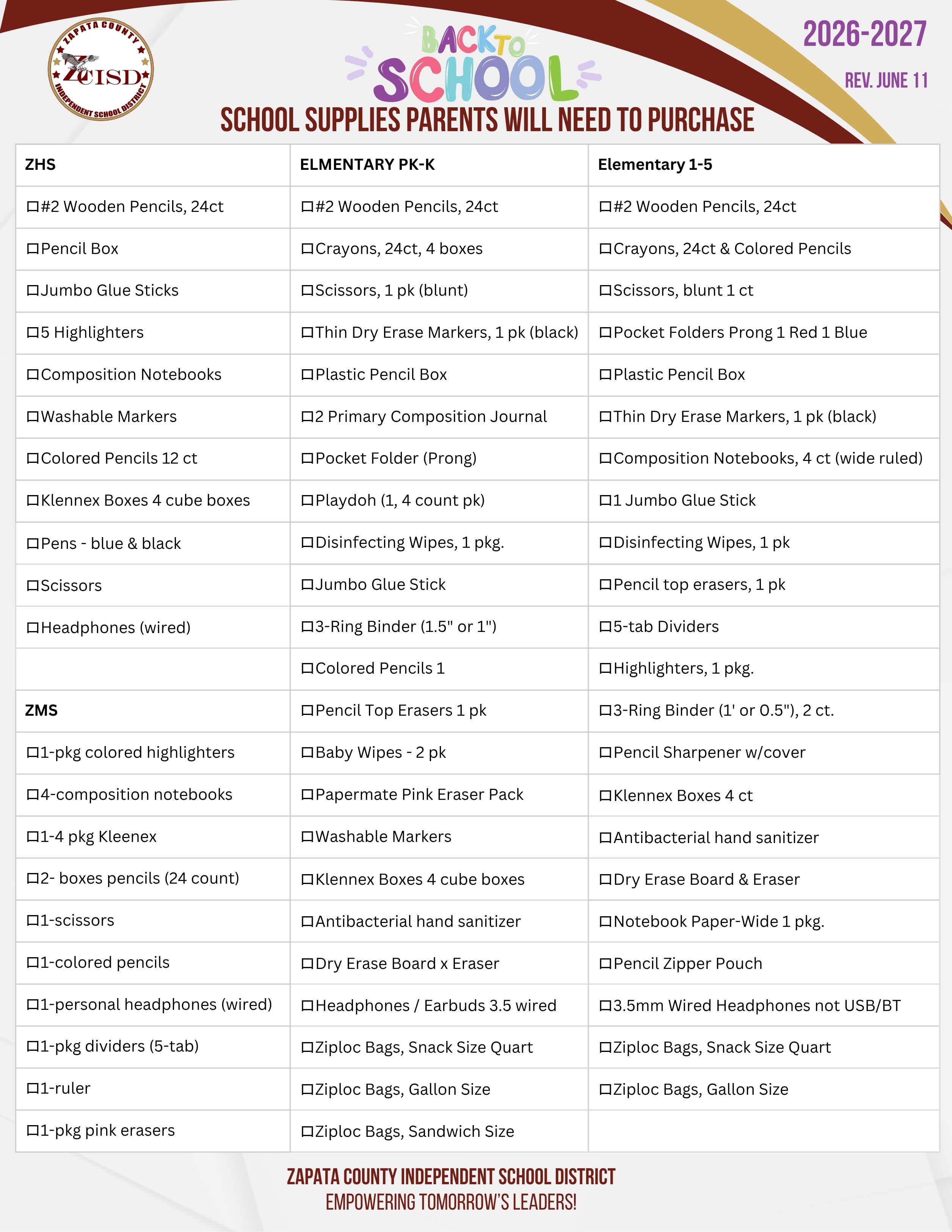 2026-2027 School Supplies List