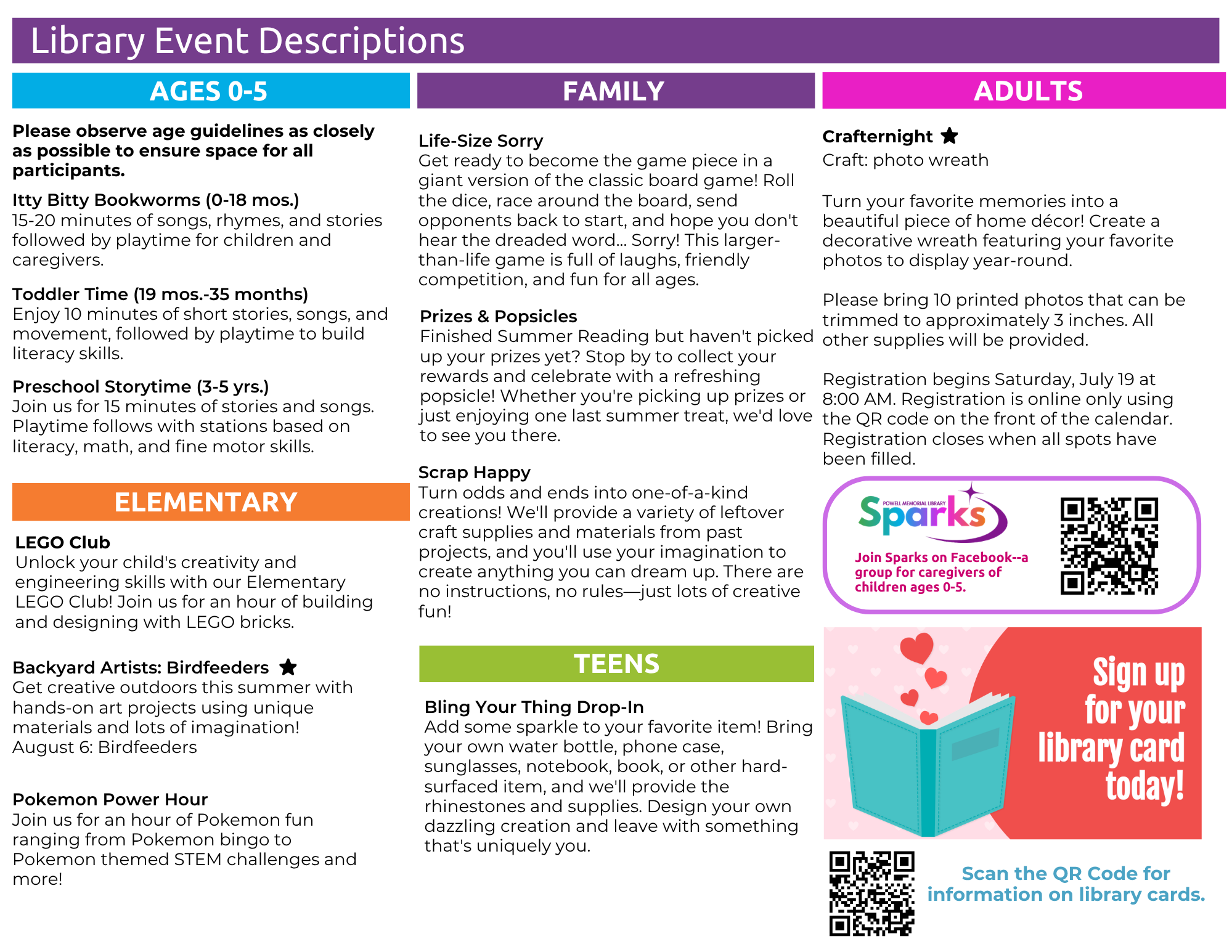 A flyer detailing library event descriptions categorized by age group: Ages 0-5, Family, Elementary, Teens, and Adults.