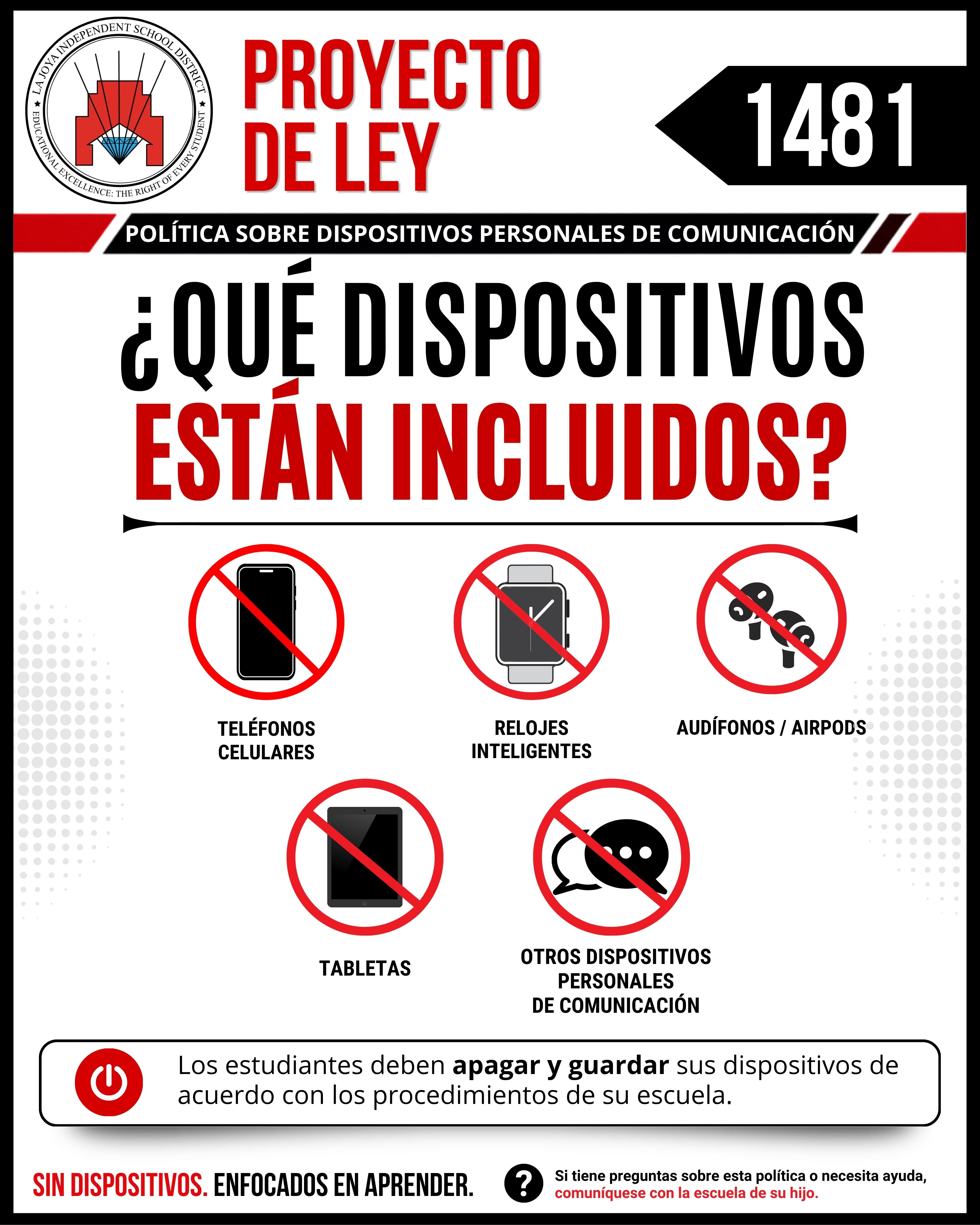 A poster titled 'PROYECTO DE LEY 1481' outlines a policy on personal communication devices, showing icons of phones, smartwatches, and earbuds with prohibition signs.