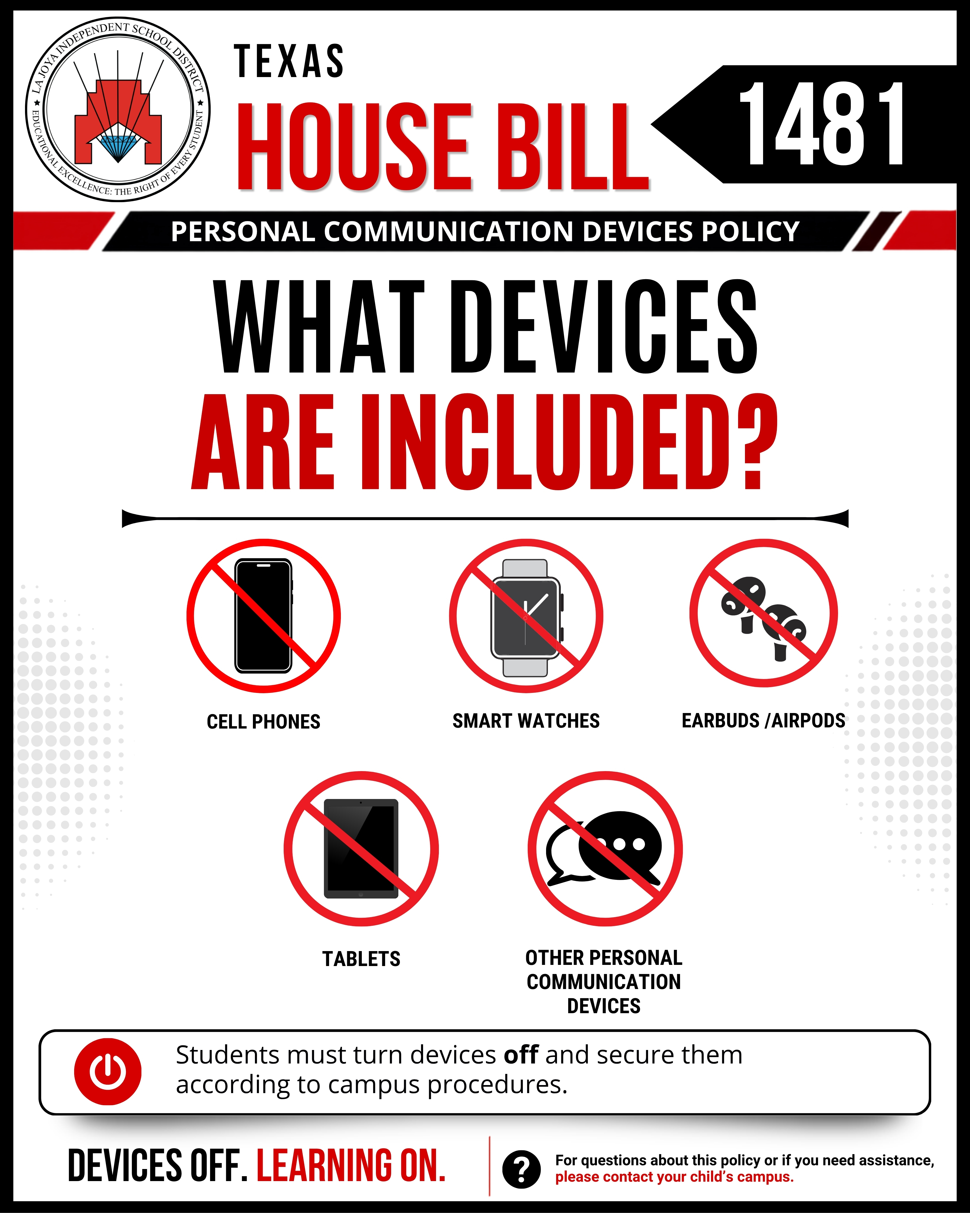 📵 REMINDER: Texas House Bill 1481 is in effect! | 📵 RECORDATORIO: ¡El Proyecto de Ley 1481 de Texas está en vigor!