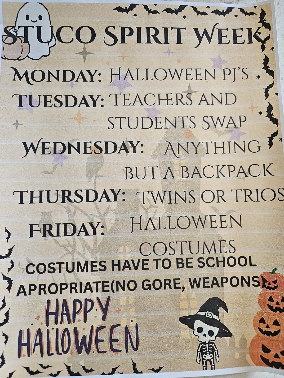 A Stuco Spirit Week flyer featuring Halloween themes, listing daily dress-up events from Monday through Friday.