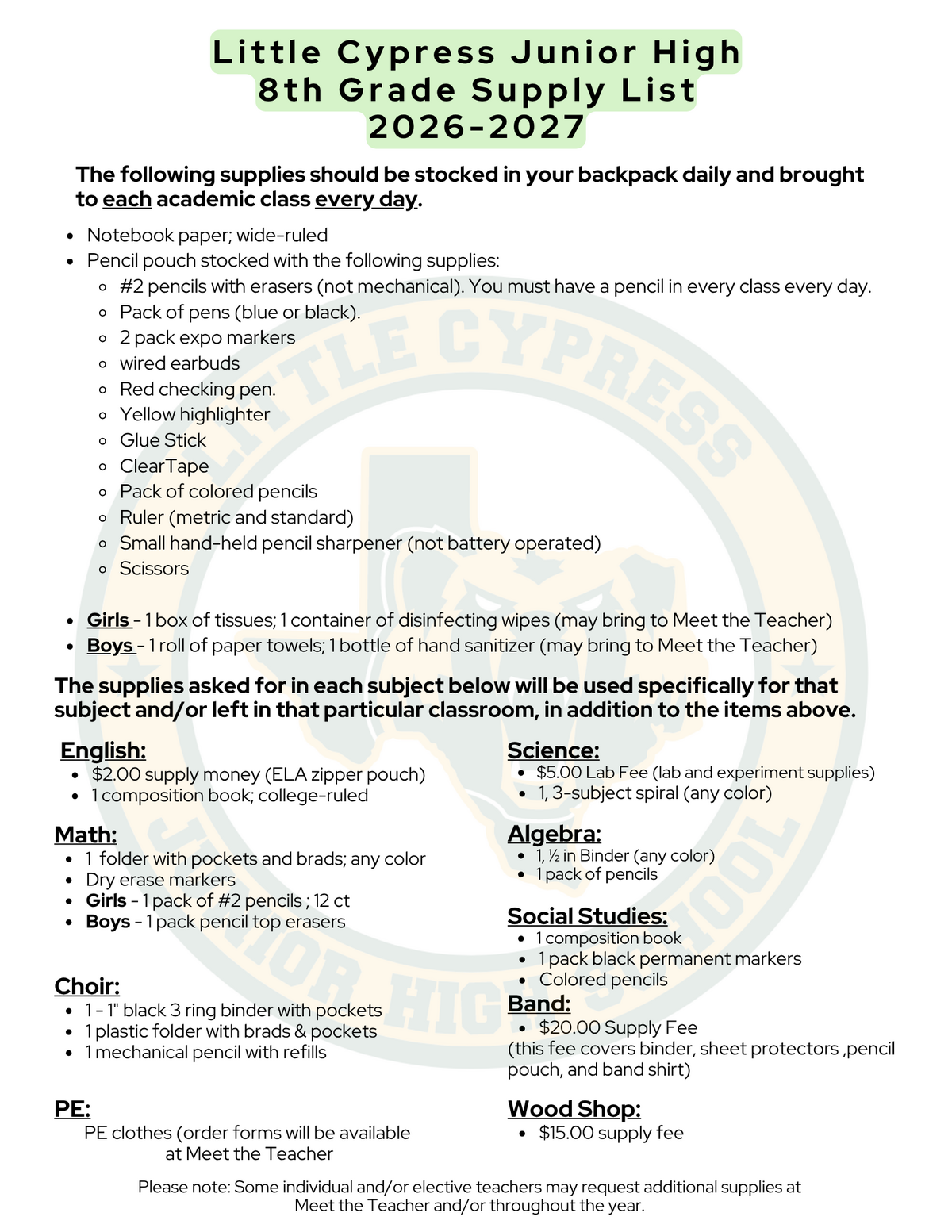 School Supply Lists for 2026-2027 