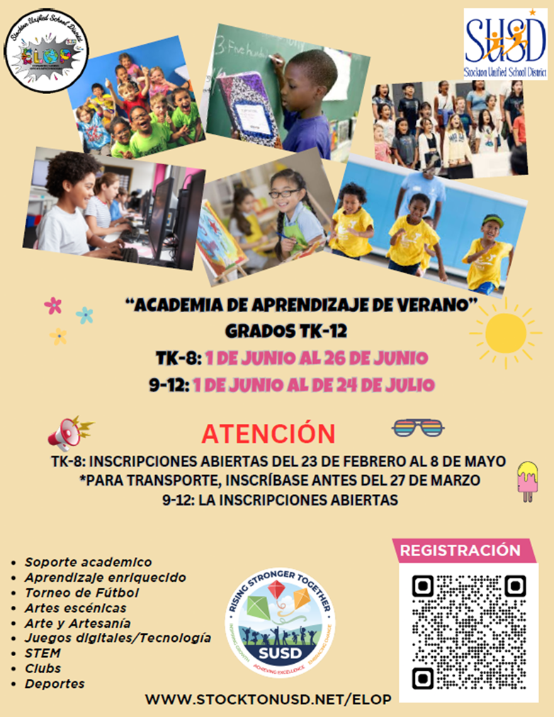 Poster for Stockton Unified School District's Summer Learning Academy (Academia de Aprendizaje de Verano) for grades TK-12.