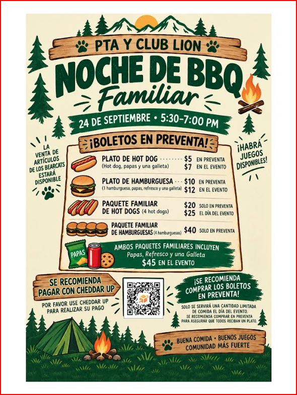A promotional flyer for a family BBQ night hosted by PTA and Club Lion on September 24th, featuring menu items and prices.