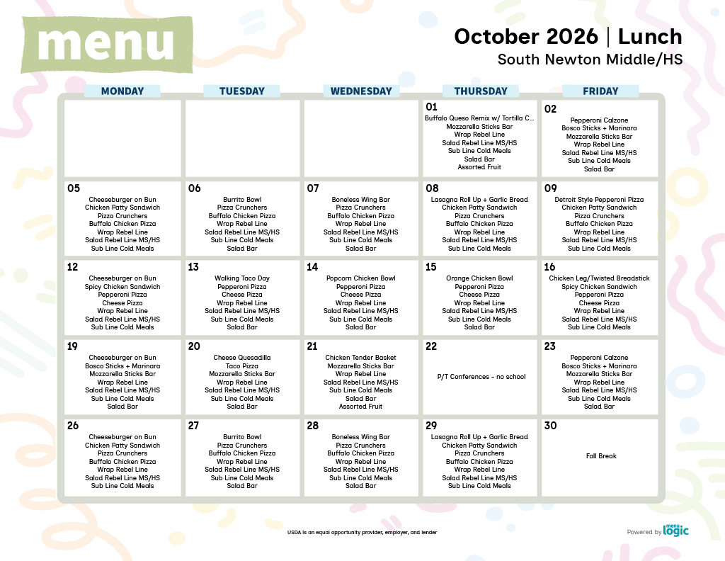 A school lunch calendar for October 2026 at South Newton Middle/HS, outlining daily food options.