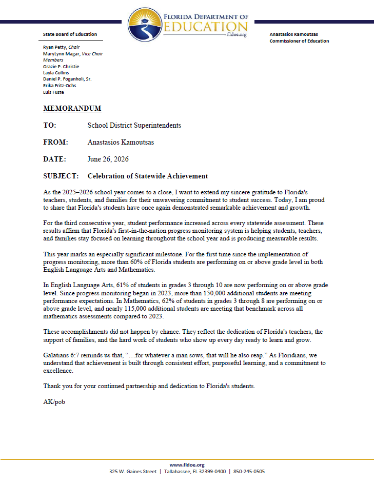 Florida Department of Education Memorandum: Statewide Achievement Results
