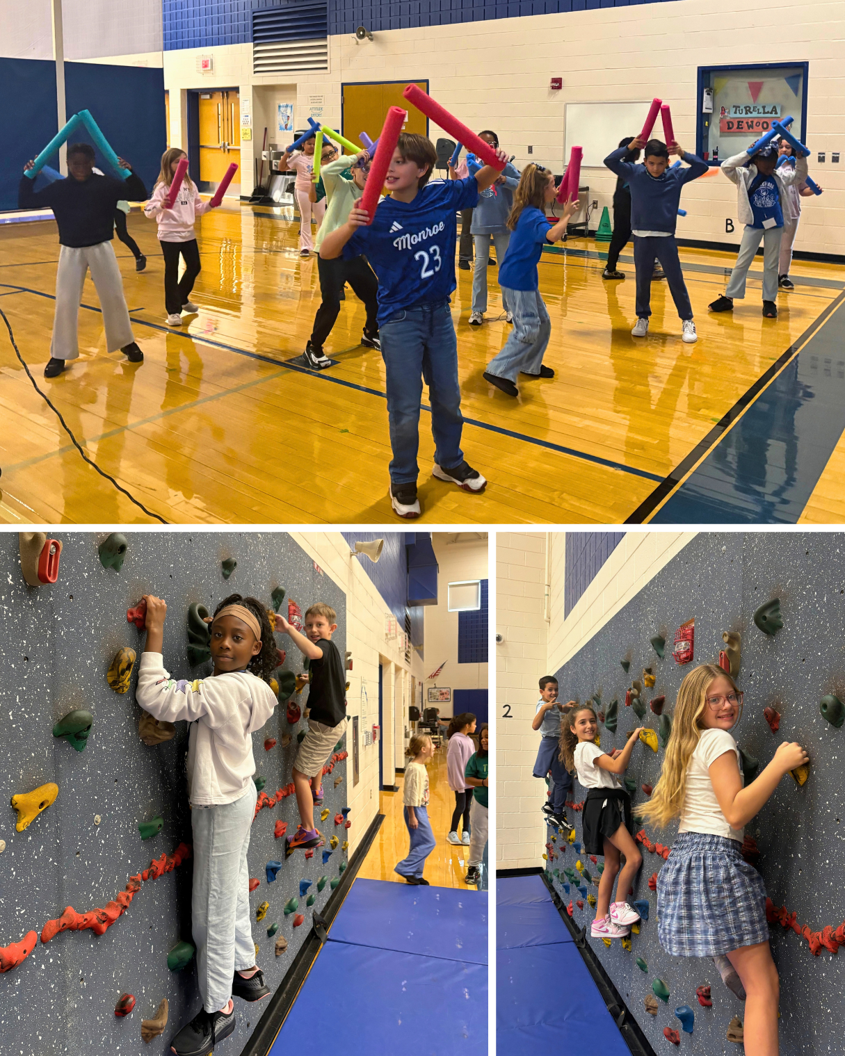 A group of children participate in an indoor physical education class, holding pool noodles and rock climbing.