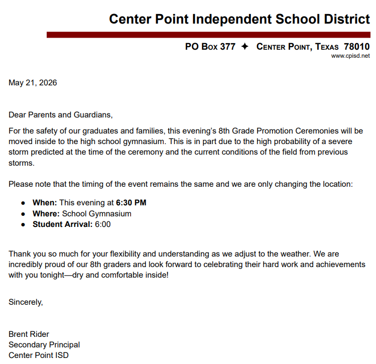 2026 8th-Grade Promotion Inclement Weather Plan in effect, Change of Venue