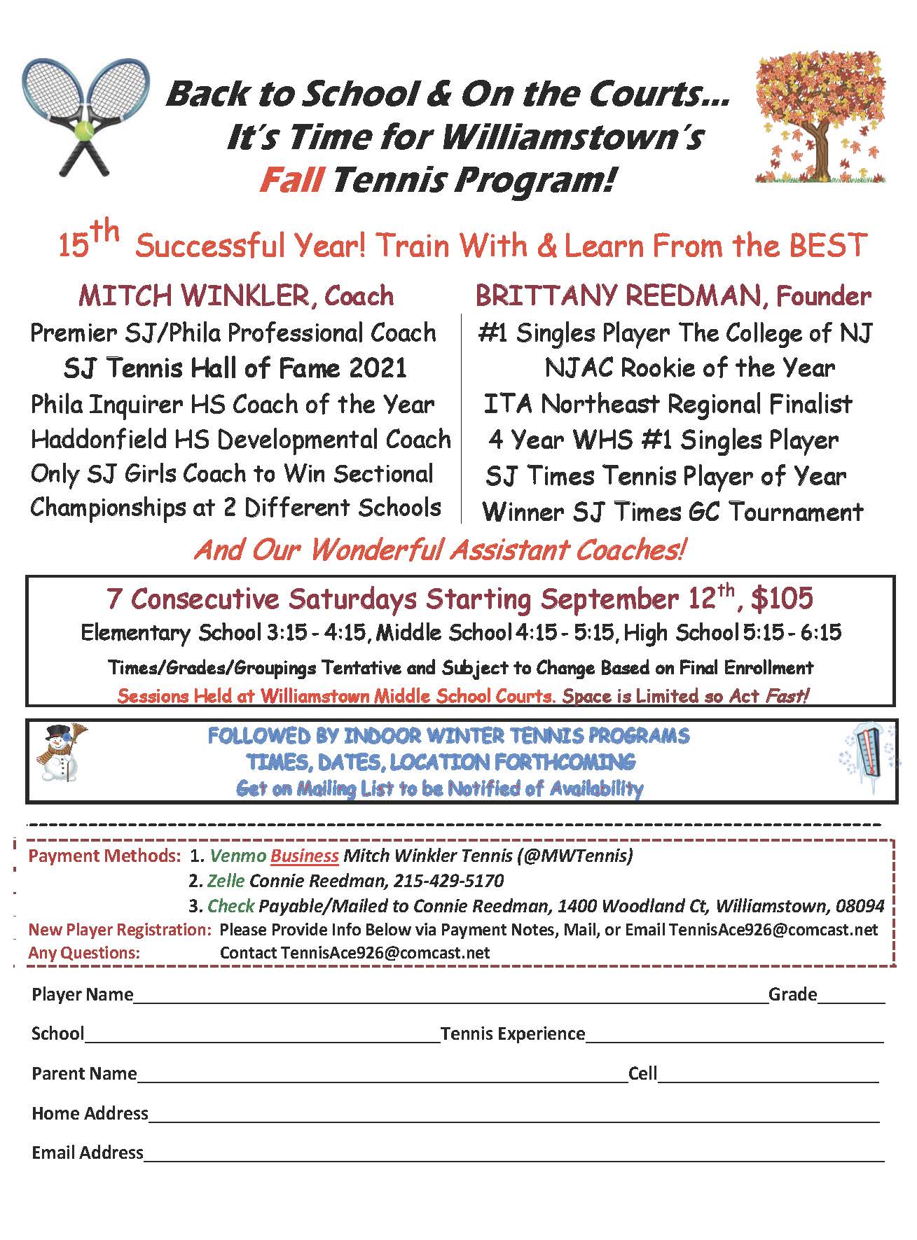 Williamstown Fall Tennis Program Begins September 12
