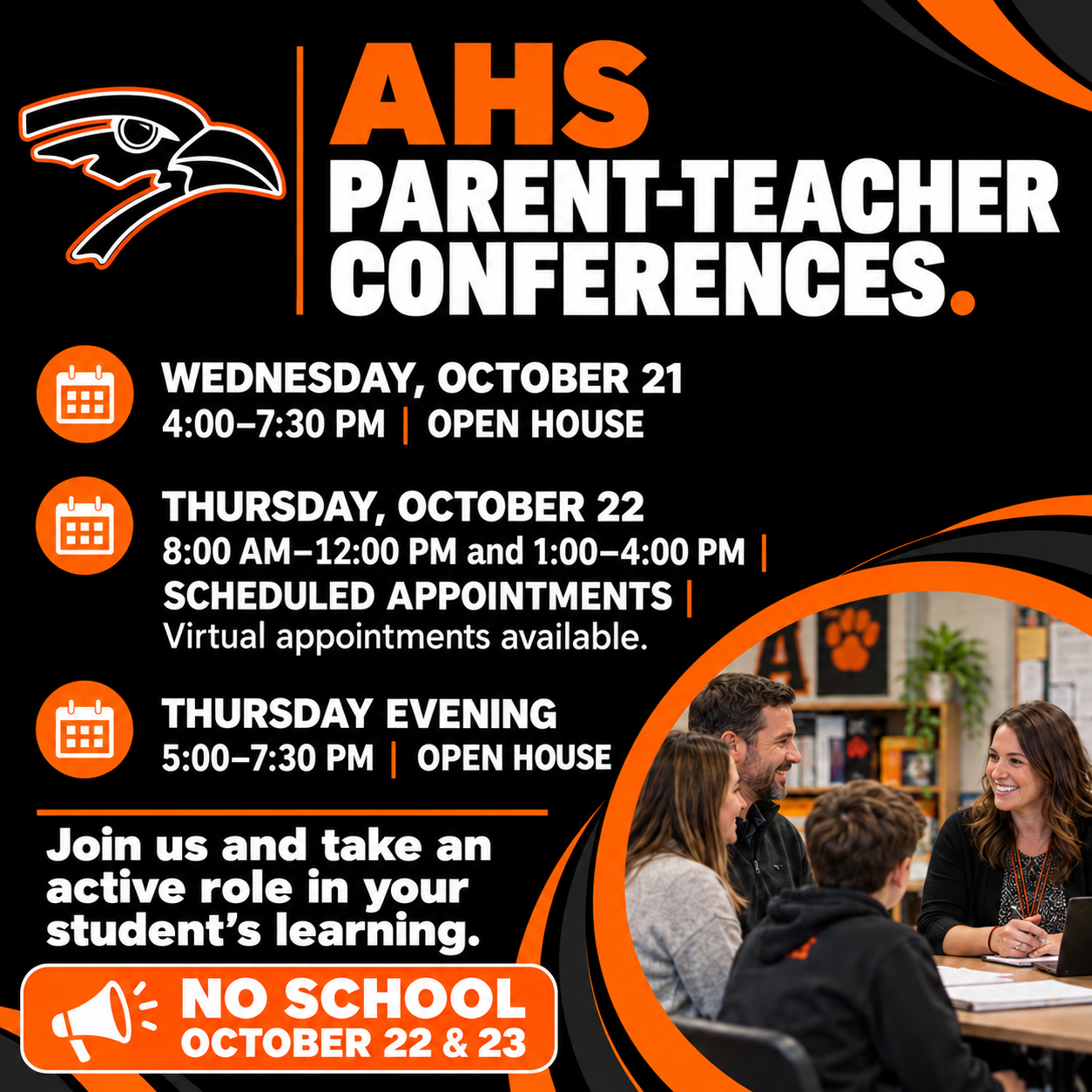 A flyer for AHS Parent-Teacher Conferences on Wednesday, October 21, and Thursday, October 22, with event details and a photo of a conference.