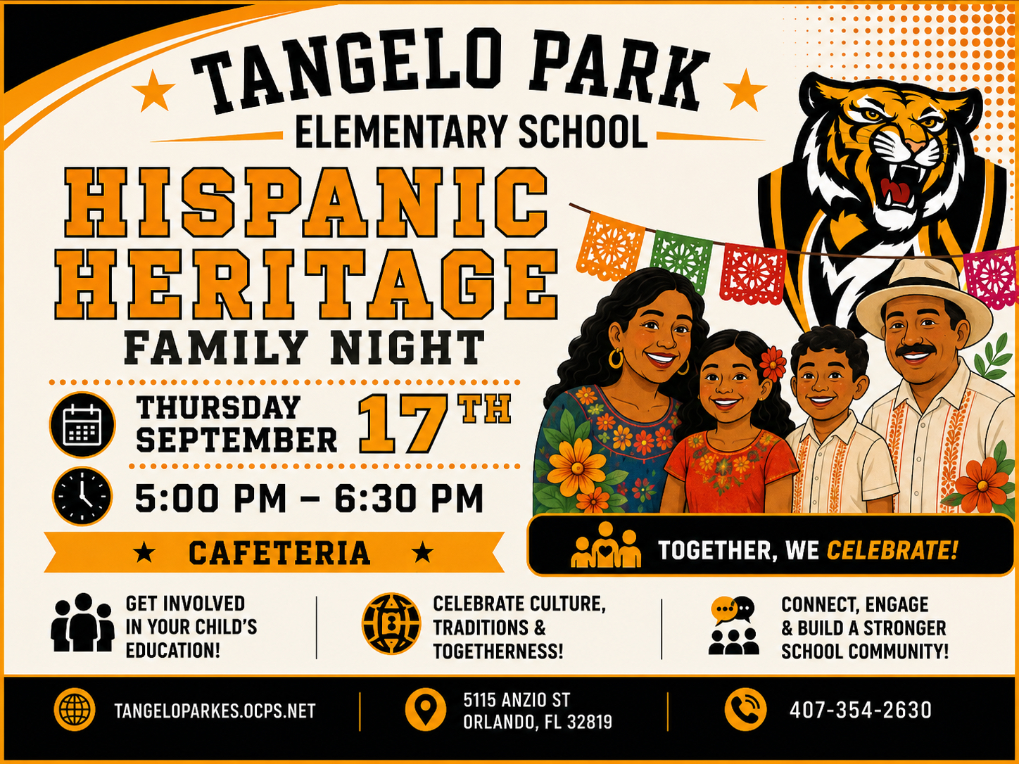 Flyer for Tangelo Park Elementary School's Hispanic Heritage Family Night on Thursday, September 17th, from 5:00 PM to 6:30 PM.