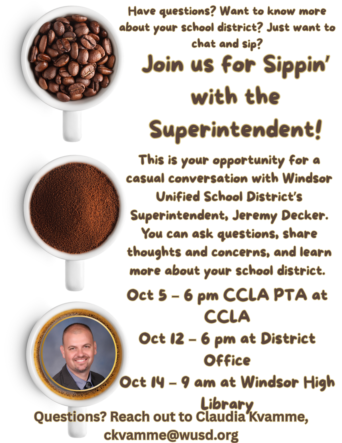 A flyer inviting the community to 'Sippin' with the Superintendent' events with Windsor Unified School District.