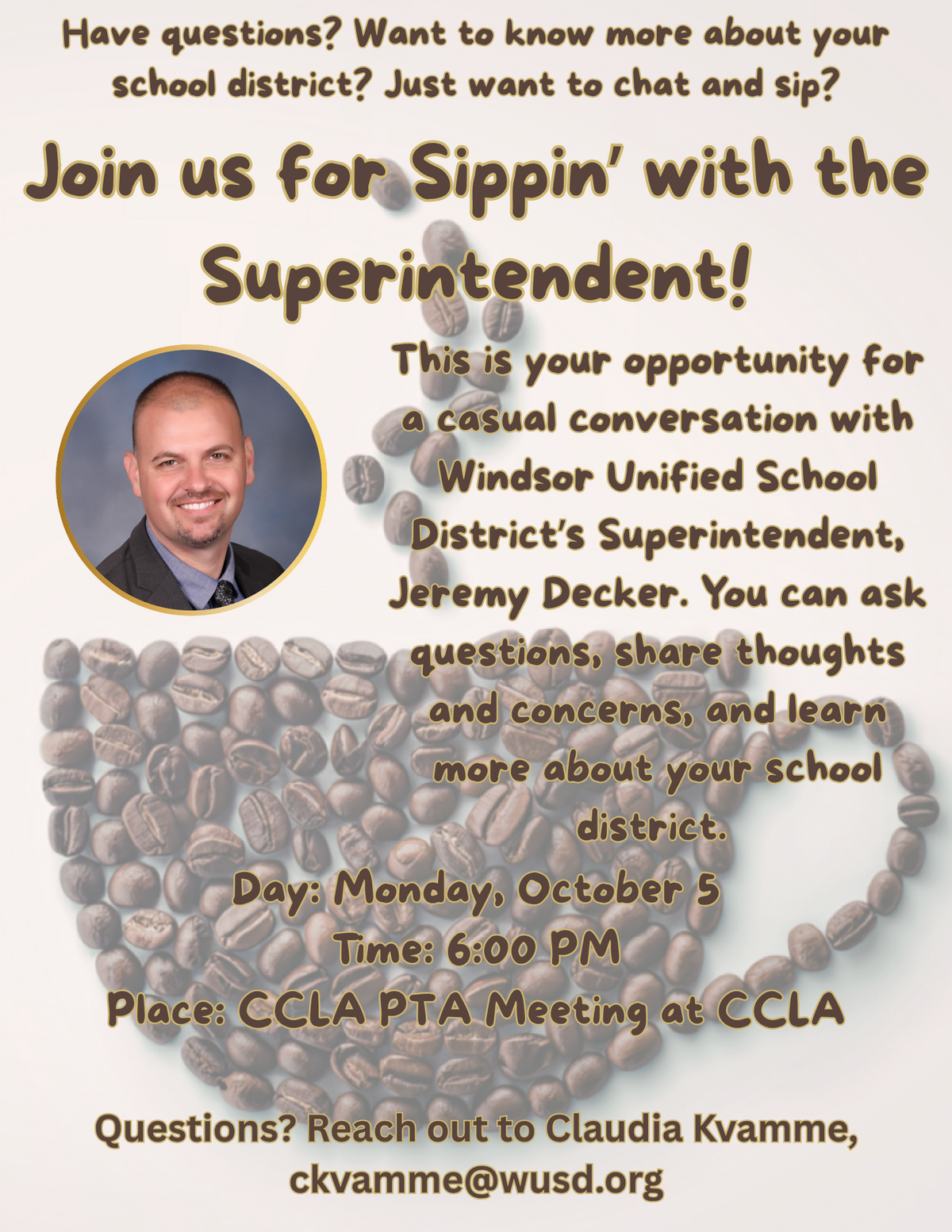 Updated schedule for Sippin' With The Superintendent, including change for TONIGHT