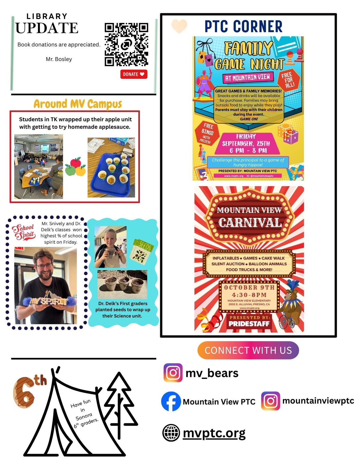A school newsletter with updates including library donations, TK apple unit, and a Family Game Night flyer.
