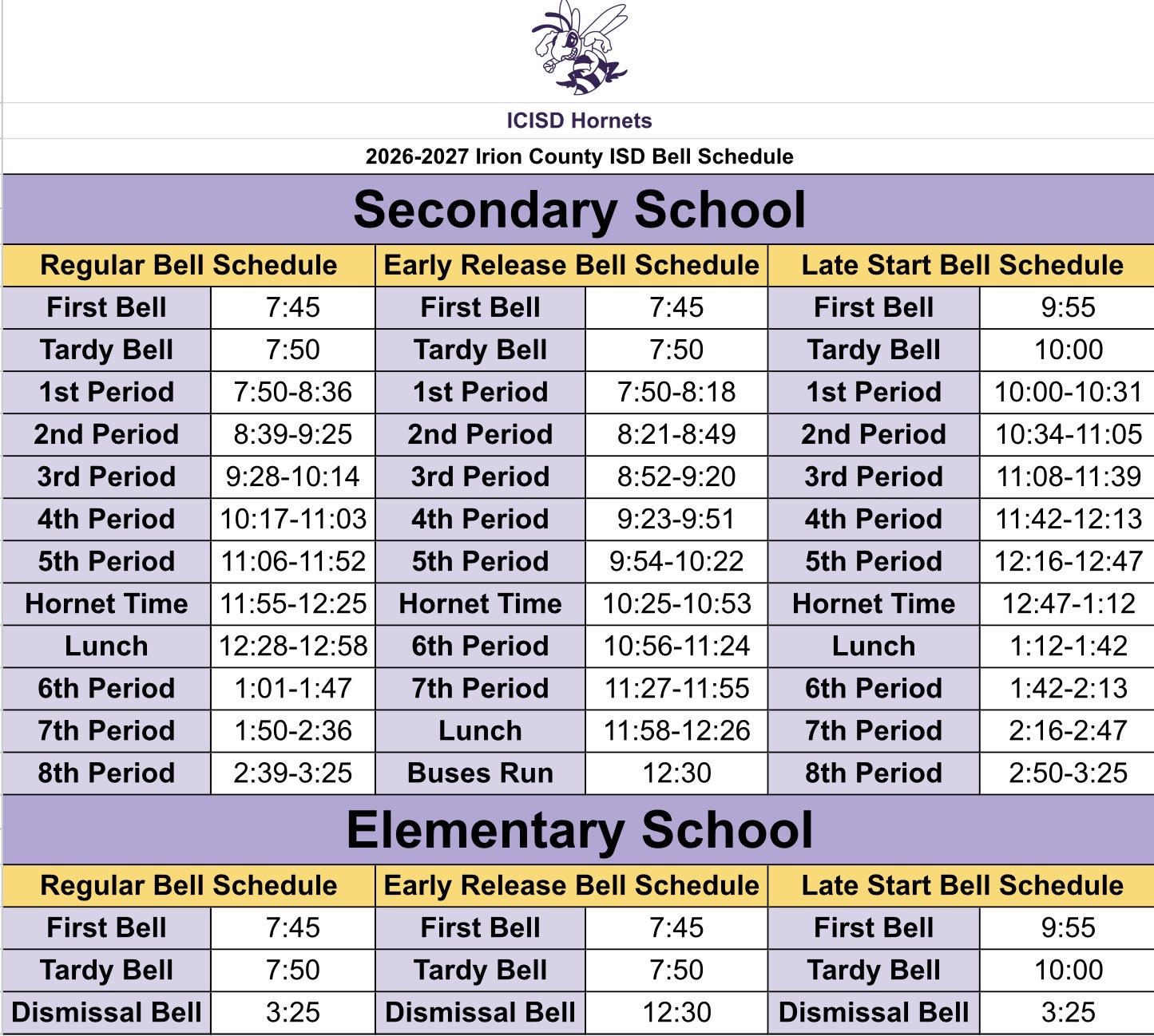 2026-2027 Bell schedule 