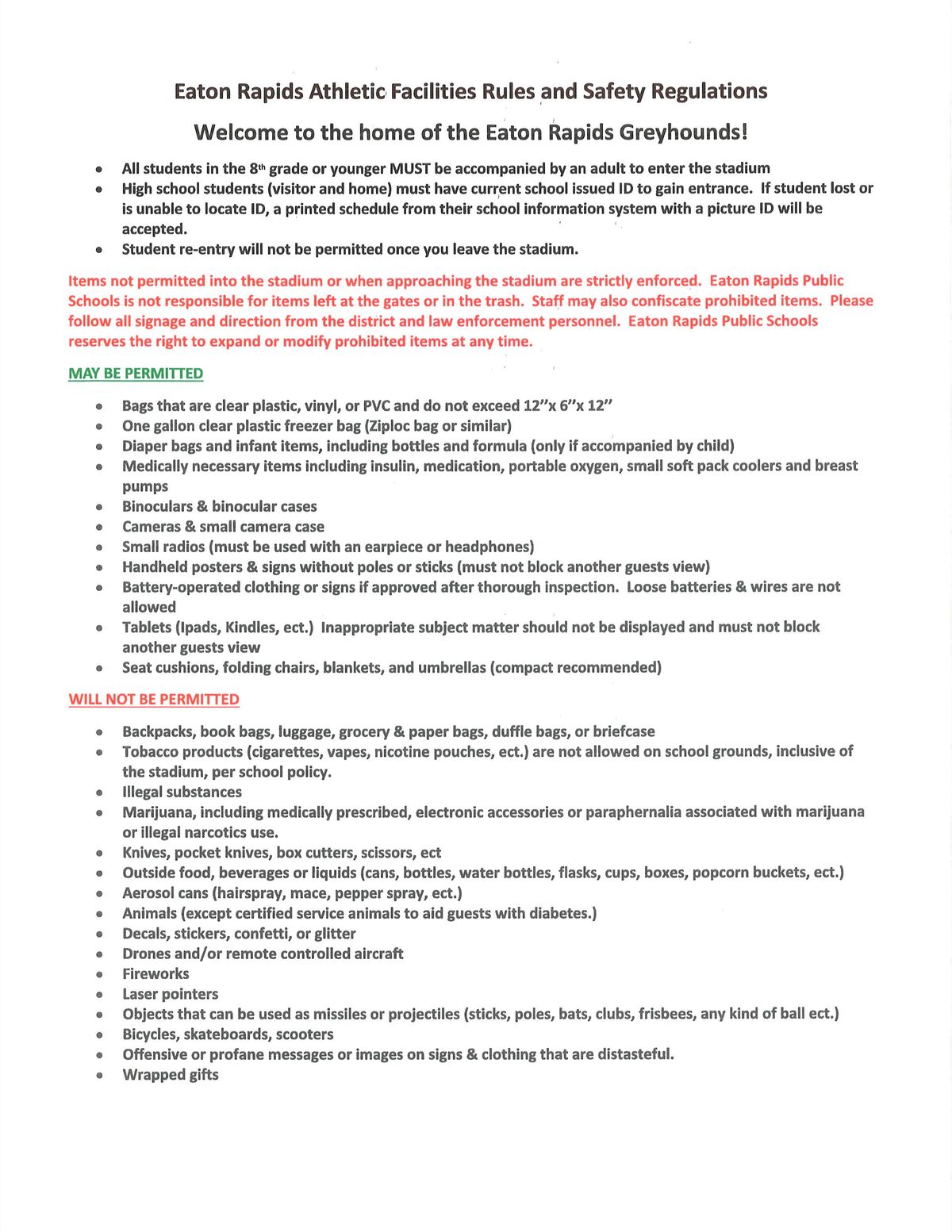 REMINDER:  Athletic Facilities Rules and Safety Regulations