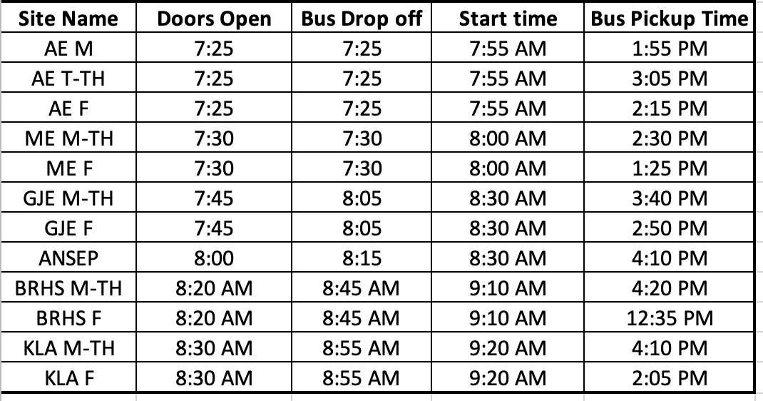 UPDATED!!! 2026-27 Bethel Schools Start Times