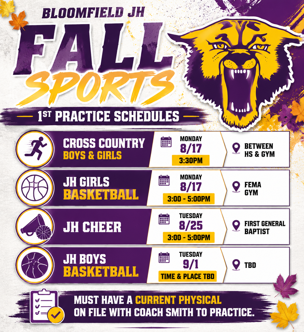 Bloomfield Junior High Fall Sports - 1st Practices