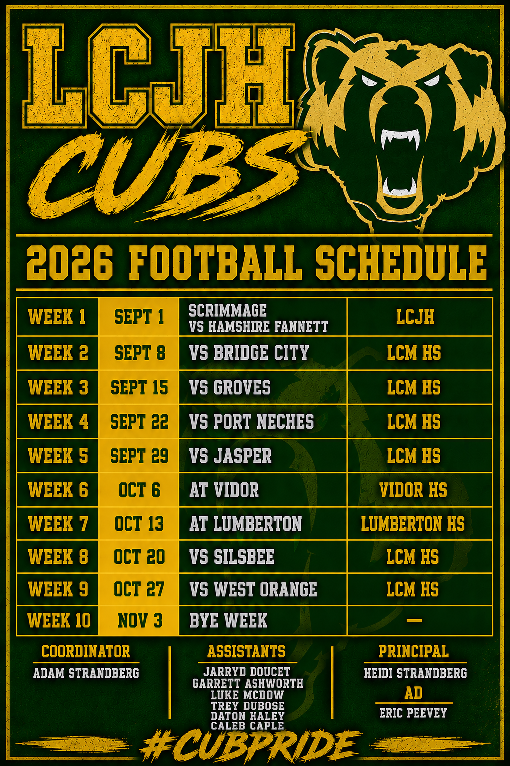 LCJH Cubs 2026 Football Schedule
