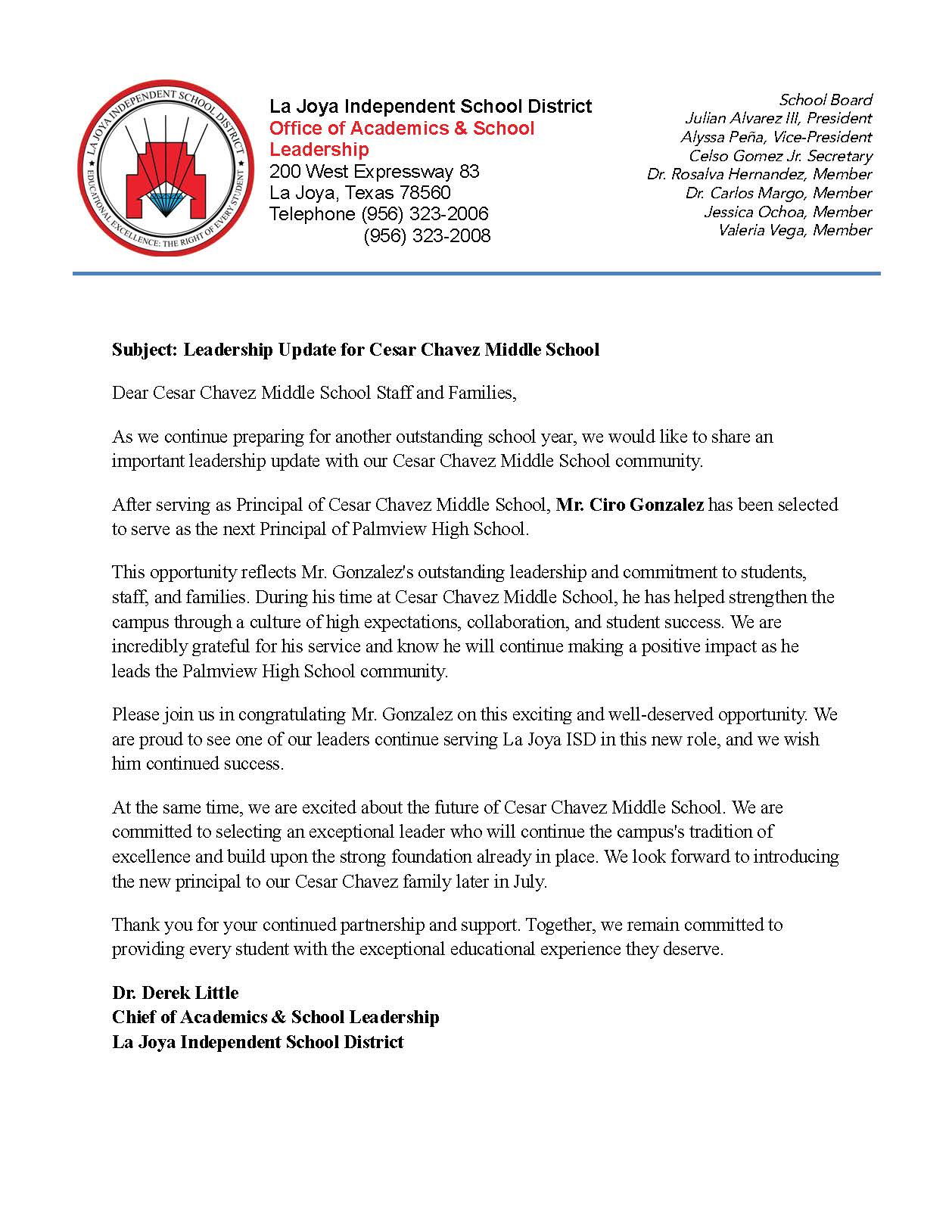 Leadership Update for Cesar Chavez Middle School