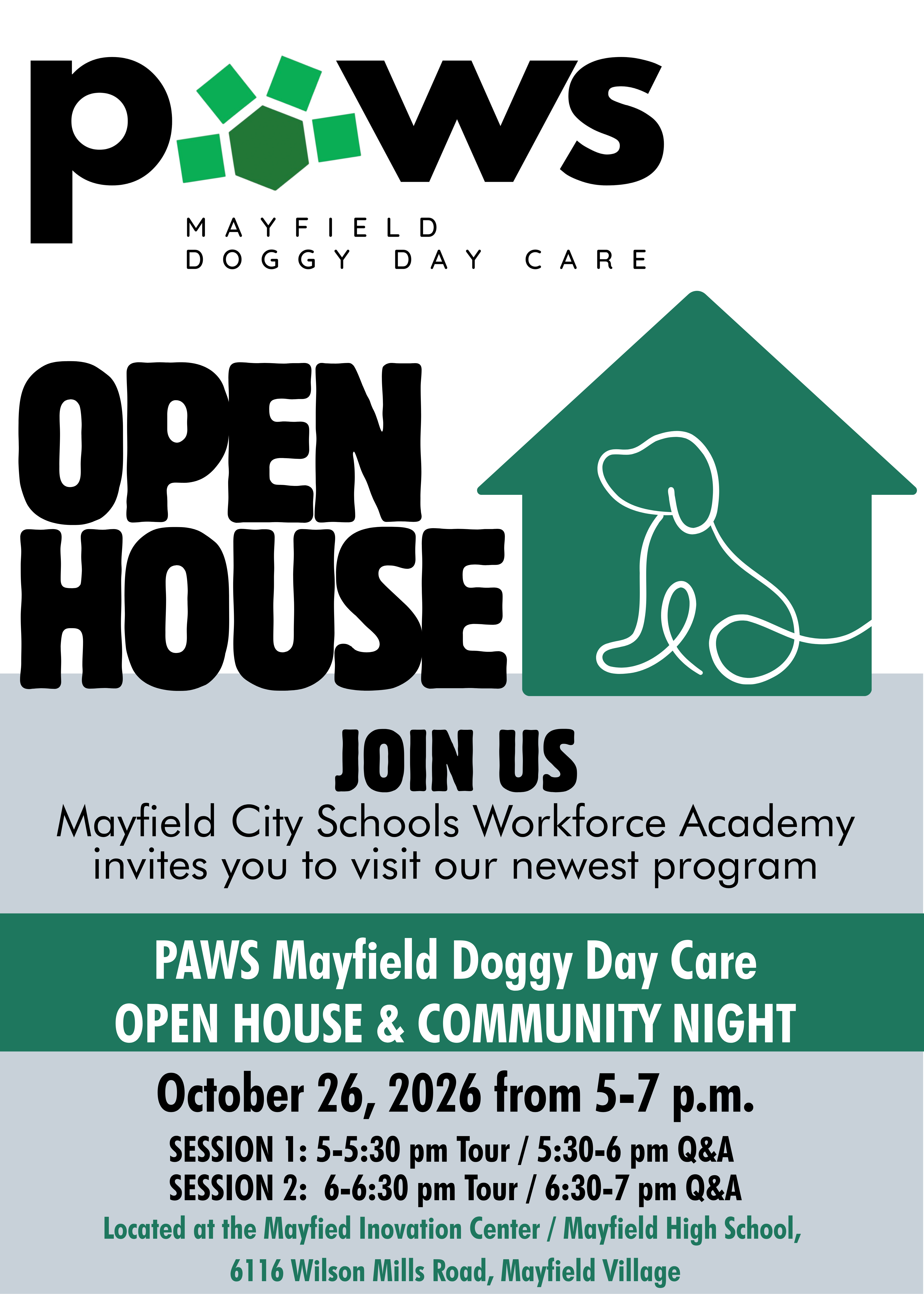 YOU'RE INVITED!  MAYFIELD PAWS DOGGY DAY CARE Open House 
