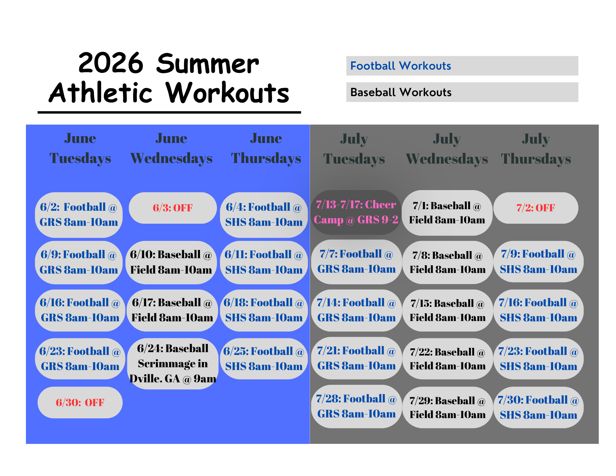 Reminder of the Summer Workout Schedule