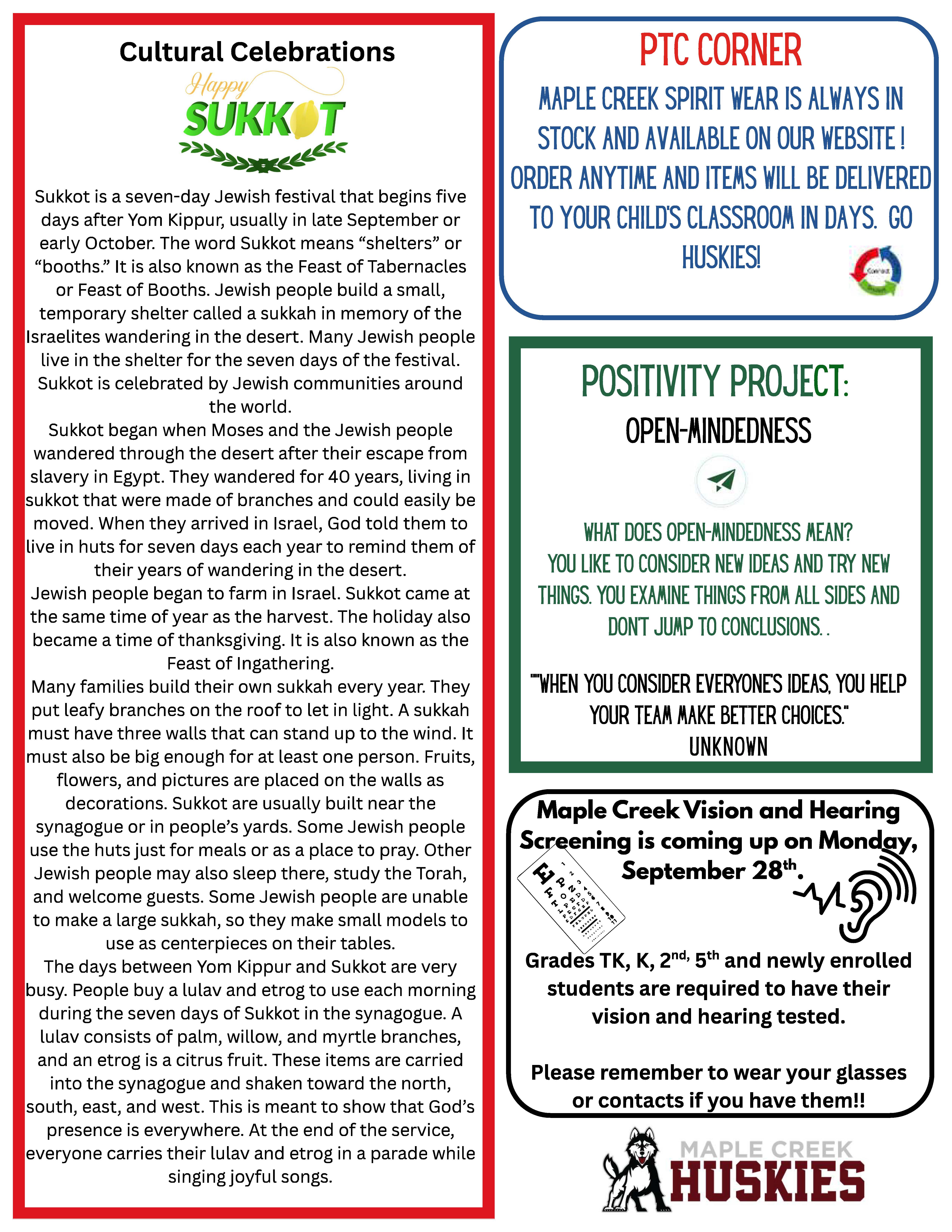 A school newsletter with sections on Cultural Celebrations explaining Sukkot, PTC spirit wear updates, the Positivity Project focusing on open-mindedness, and vision screenings.