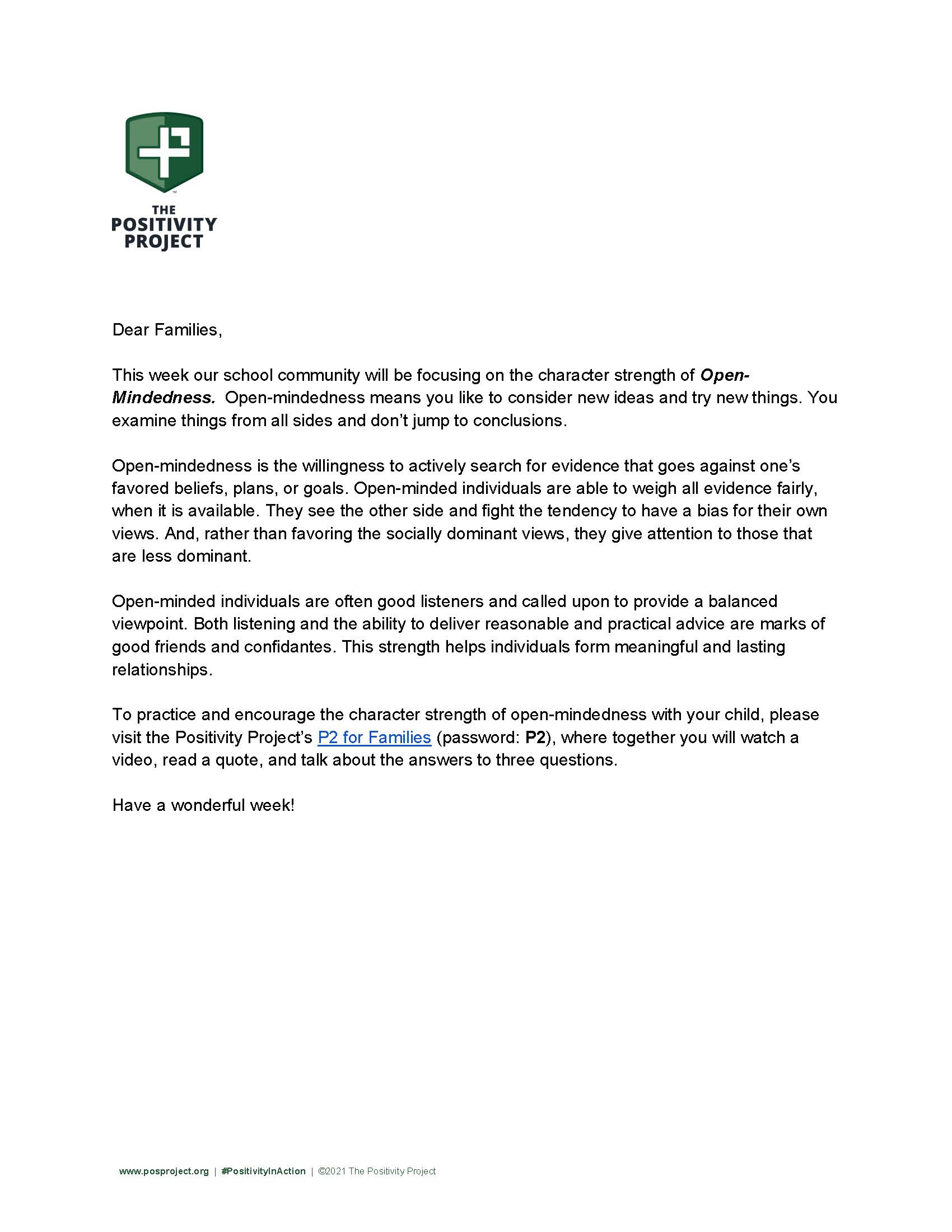 A letter from The Positivity Project to families about the character strength of open-mindedness.