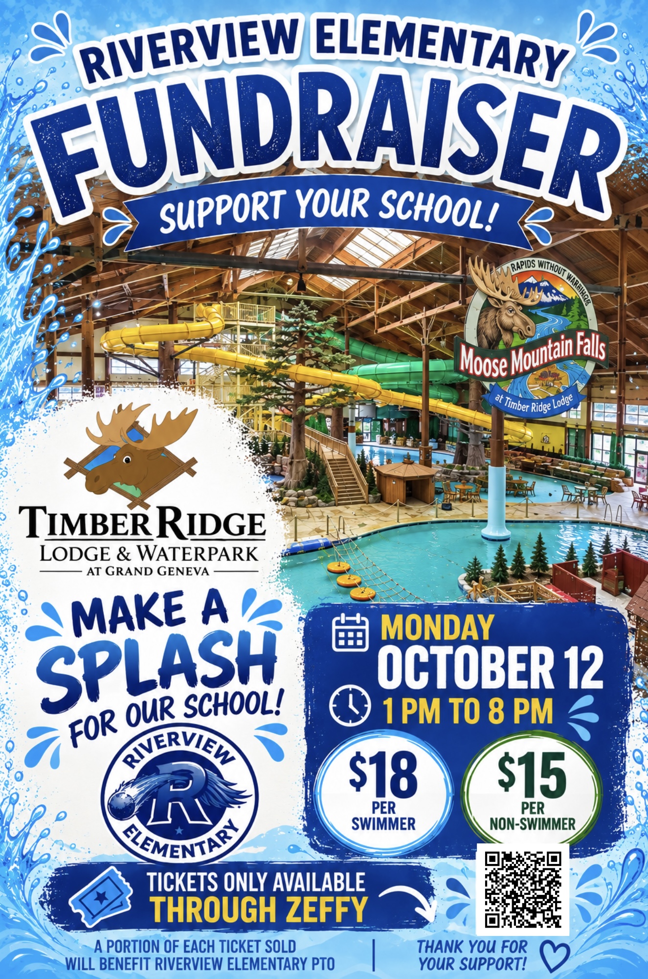 A promotional flyer for the Riverview Elementary Fundraiser at Timber Ridge Lodge and Waterpark, featuring event details for Monday, October 12.