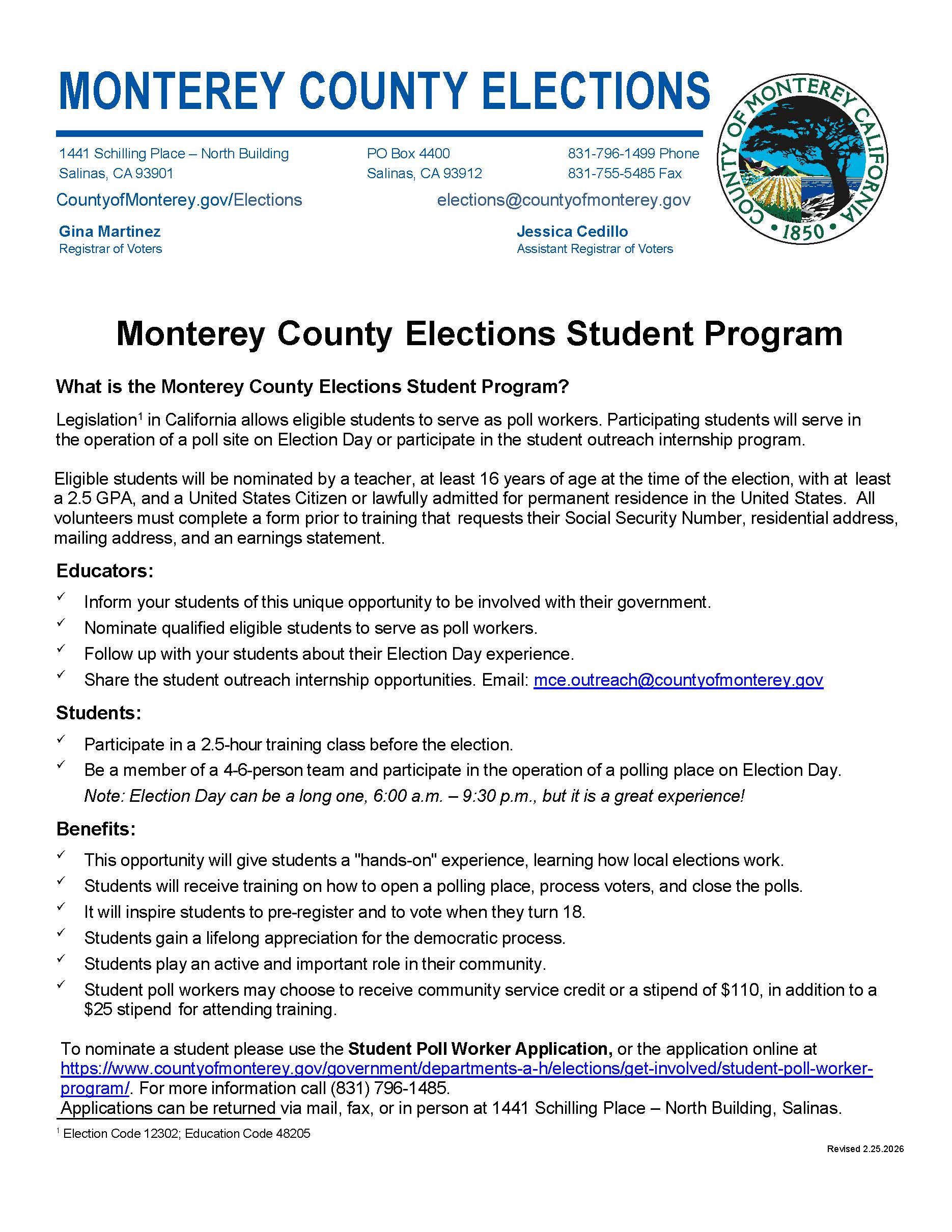 High School Student Poll Worker Program