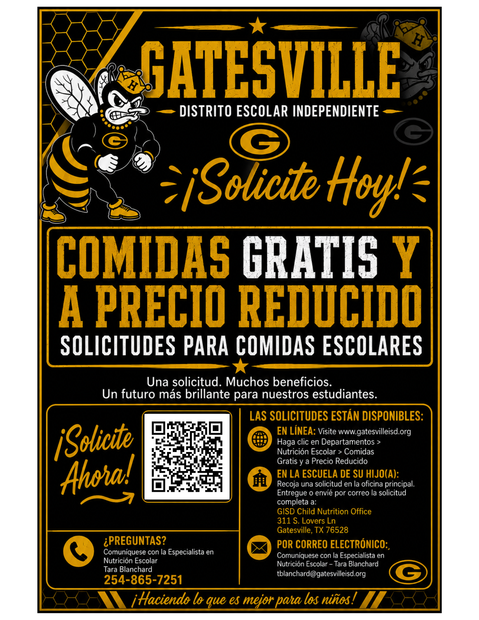 Poster for Gatesville Independent School District offering free and reduced-price school meal applications, featuring a cartoon bee mascot.