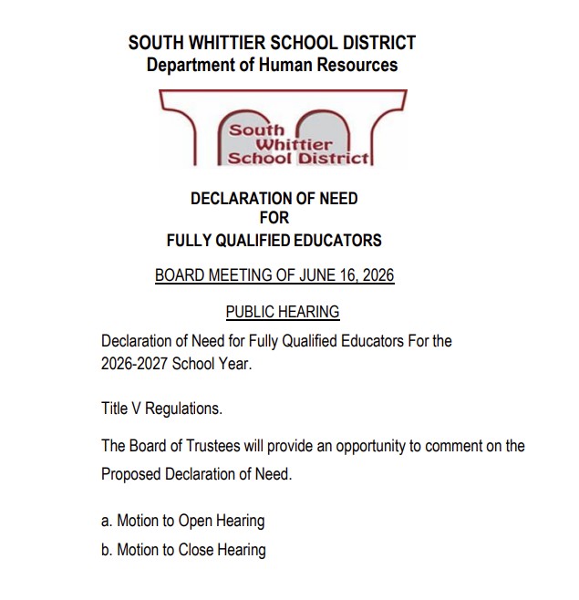 Public Hearing Notice - Declaration of Need for Fully Qualified Educators for the 2026-2027