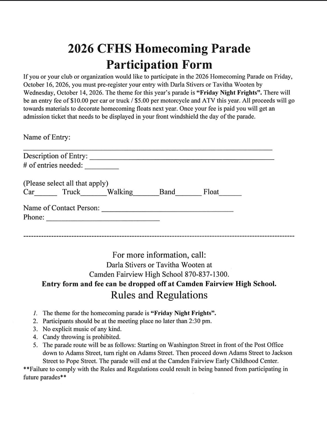 2026 Camden Fairview Homecoming Parade Accepting Entries