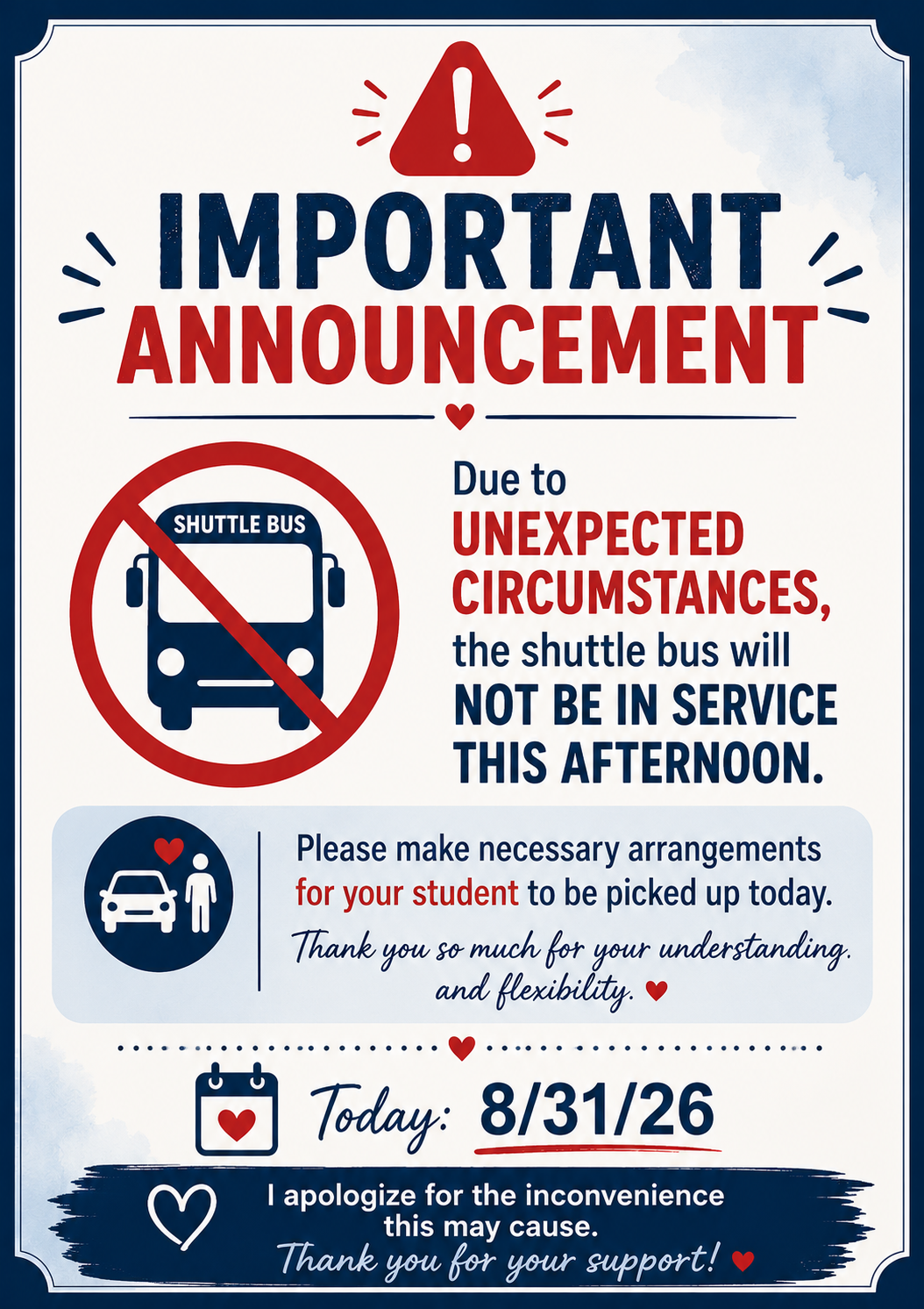 Important: Shuttle Bus Update for This Afternoon – 8/31/26