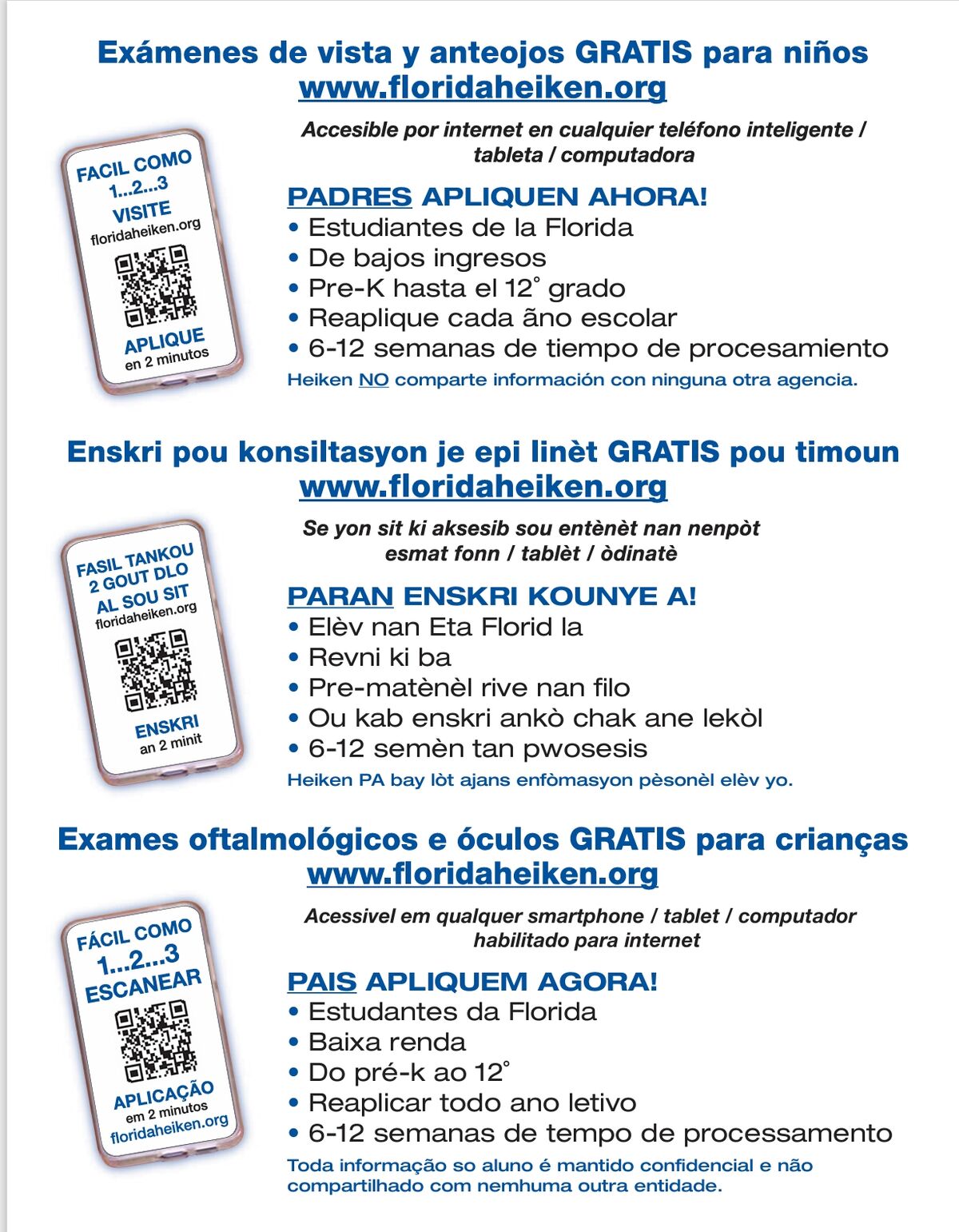 A flyer advertising free eye exams and glasses for children in Florida, with instructions in Spanish, Haitian Creole, and Portuguese.