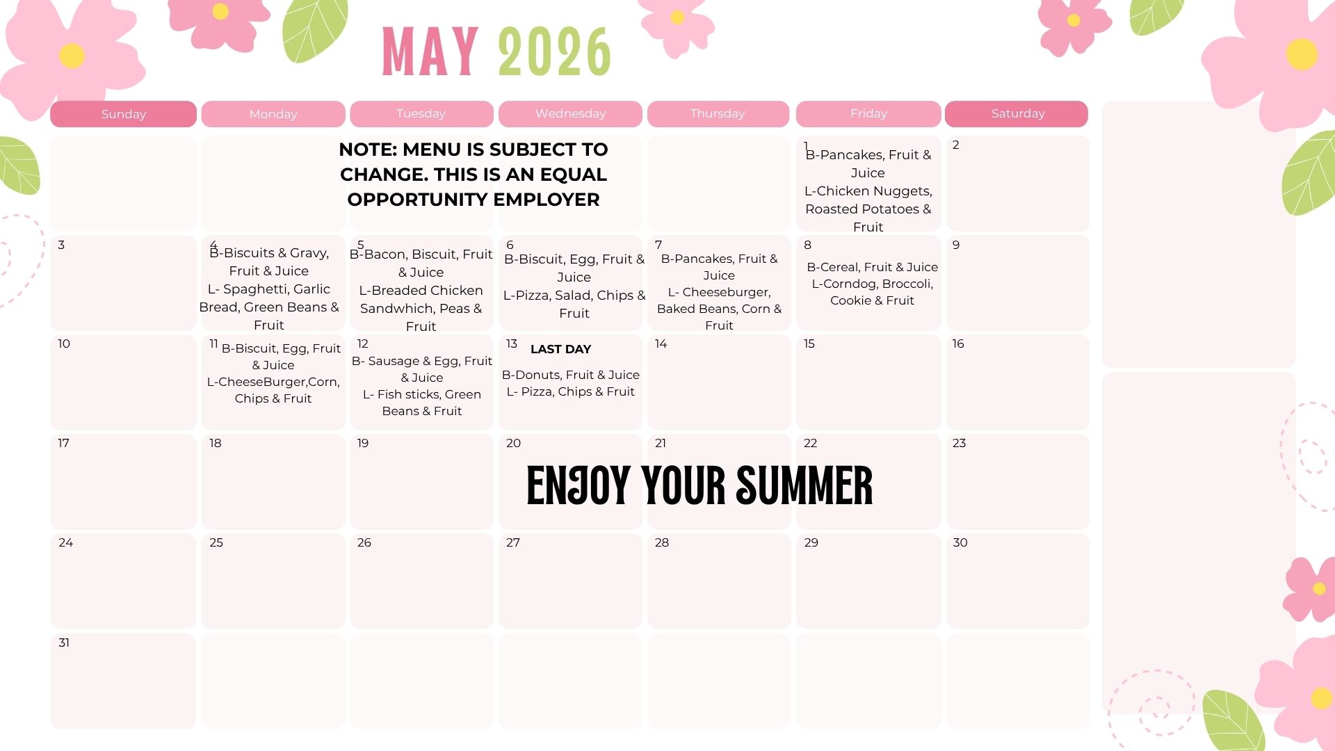 Updated May Menu