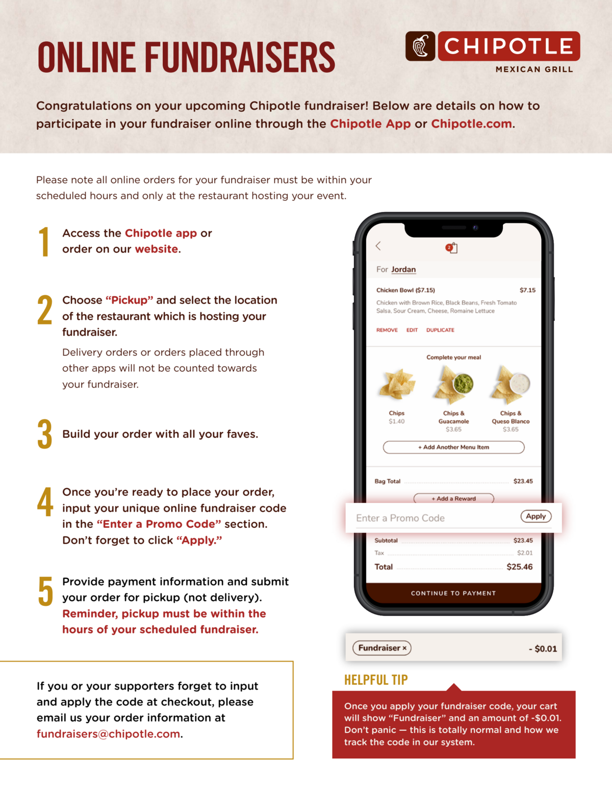 An informational flyer outlining the five steps to participate in an online Chipotle fundraiser, featuring instructions and a smartphone mockup.