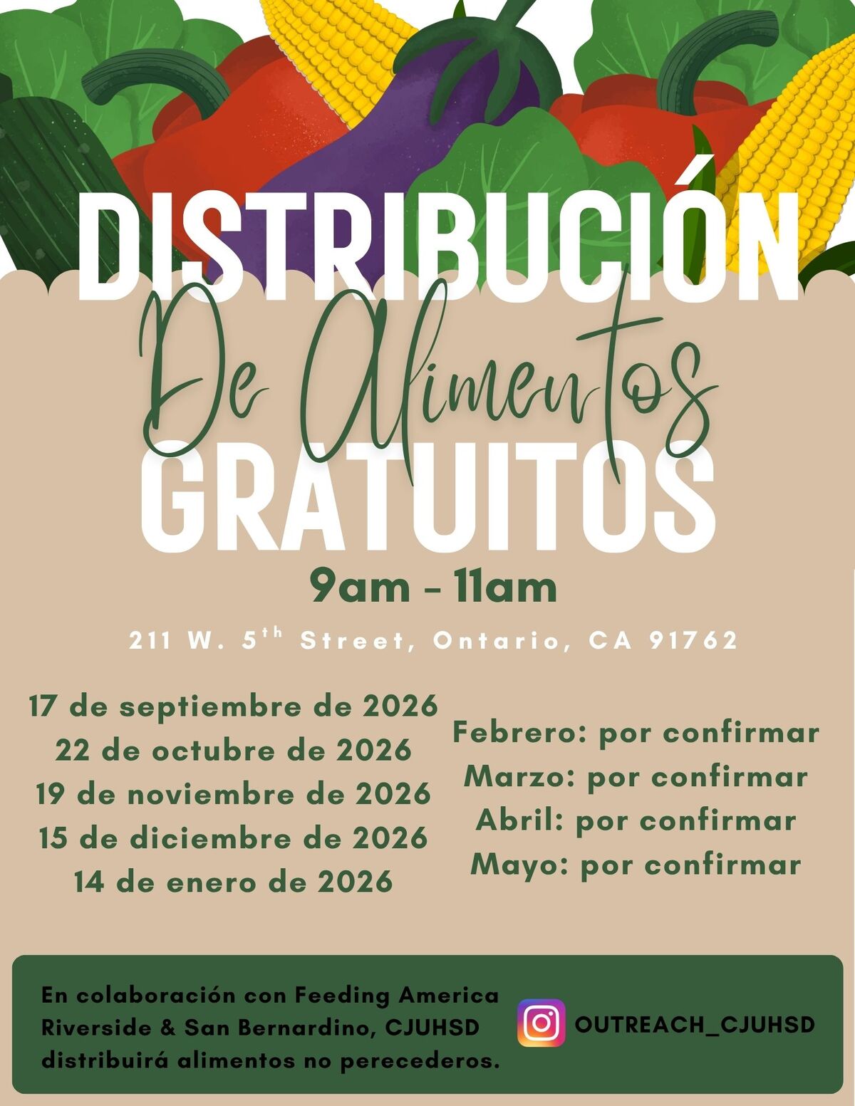 A colorful flyer announces a free food distribution event with fresh vegetables illustrated at the top.