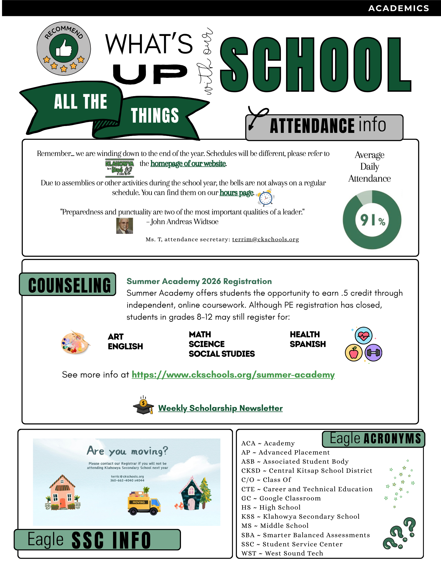 A school newsletter titled 'What's Up With Our School' with sections on Academics, Counseling, and Attendance.