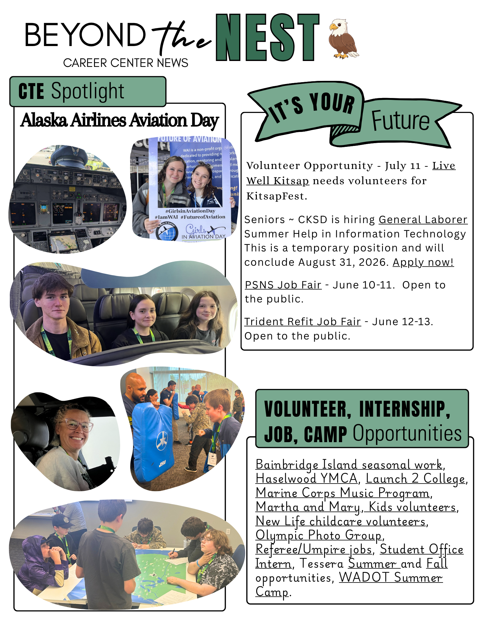 A collage of images showcasing career and internship opportunities, including aviation, job fairs, and volunteer work.