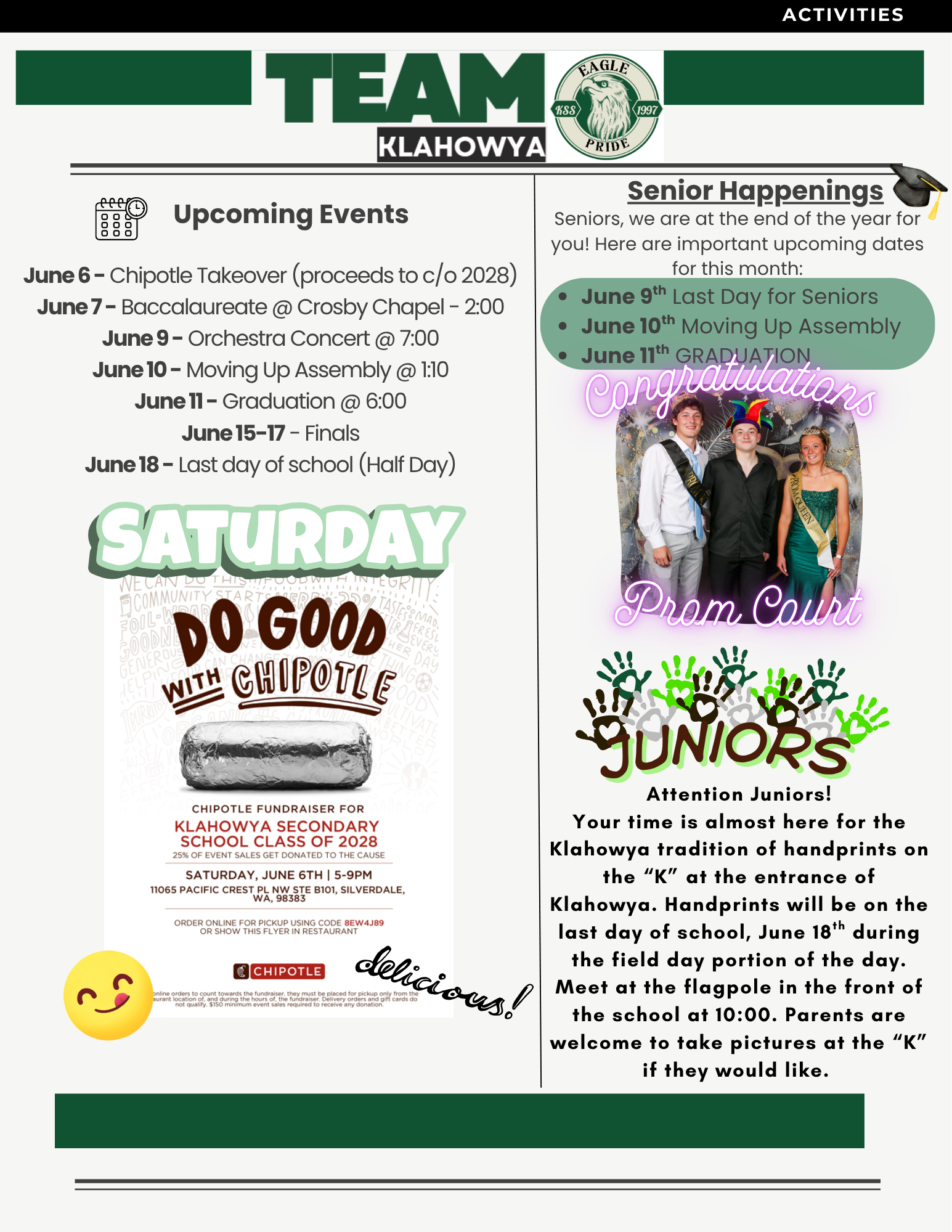 A flyer for Klahowya Secondary School announces upcoming events including a Chipotle fundraiser and senior happenings.