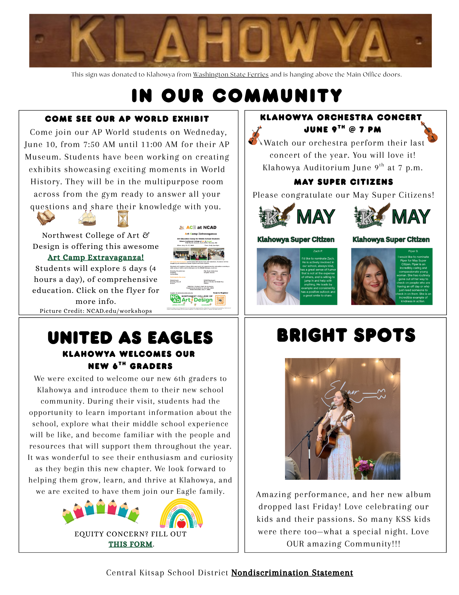 A flyer announces Klahowya's AP World Exhibit, Orchestra Concert, and welcomes new 6th graders.