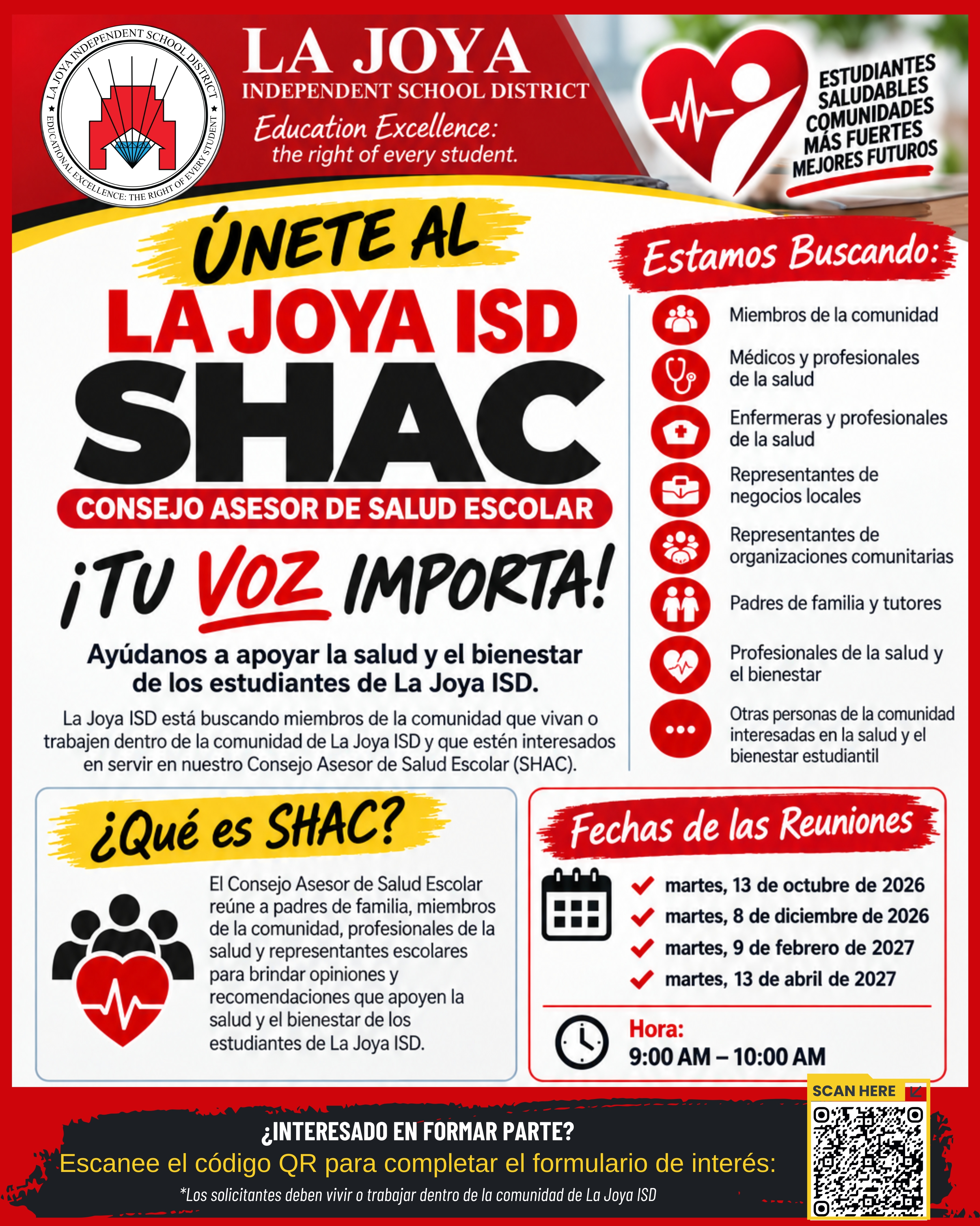 A recruitment flyer in Spanish for the La Joya ISD SHAC, inviting community members to join the school health advisory council.