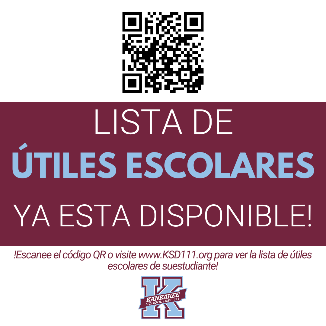 A QR code is displayed above text announcing "LISTA DE ÚTILES ESCOLARES YA ESTA DISPONIBLE!" in Spanish.