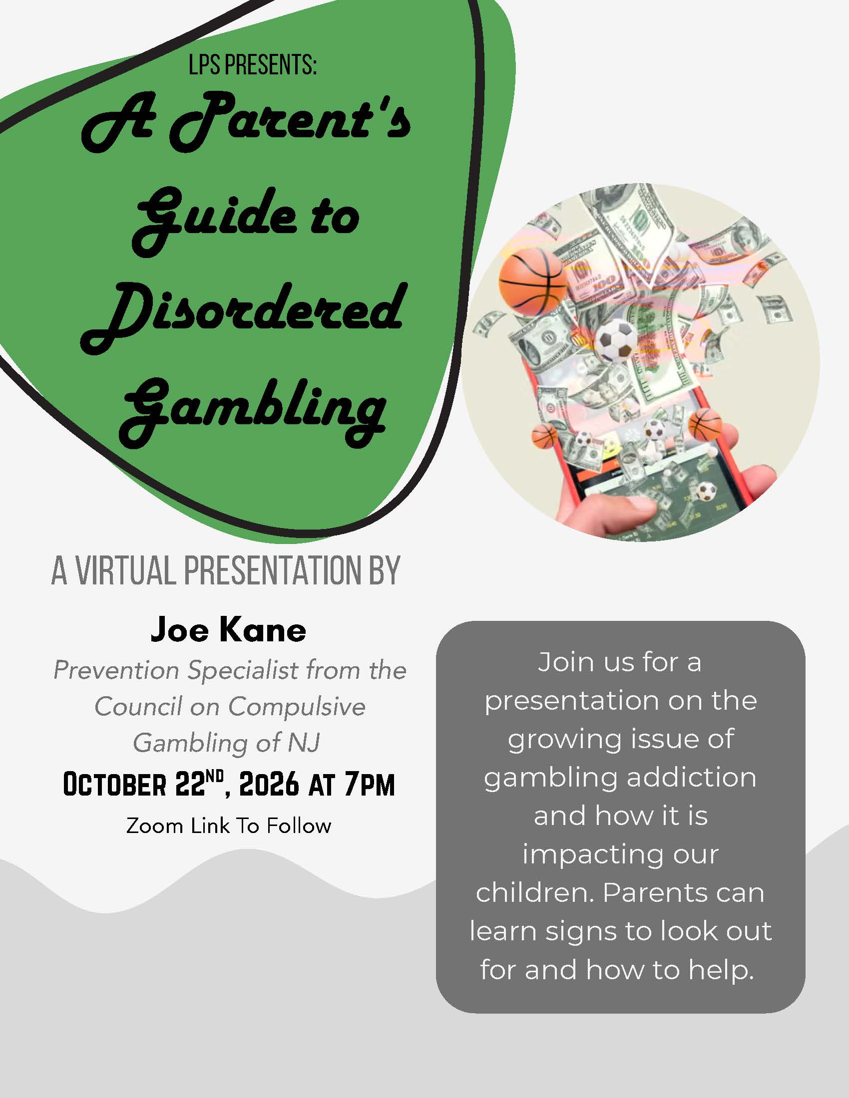 VIRTUAL PARENT PROGRAM: A Parent's Guide to Disordered Gambling (Oct. 22 @7PM)