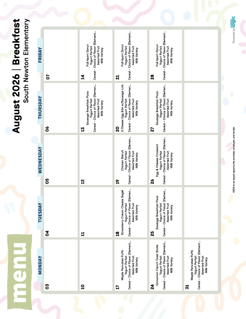 ES Breakfast and Lunch Menus for August!