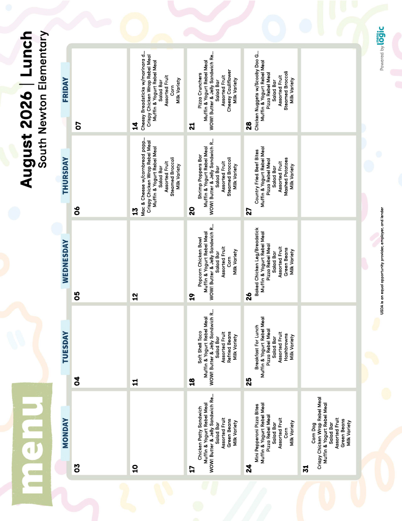 August 2026 Lunch menu for South Newton Elementary, showing daily meal options from Monday to Friday.